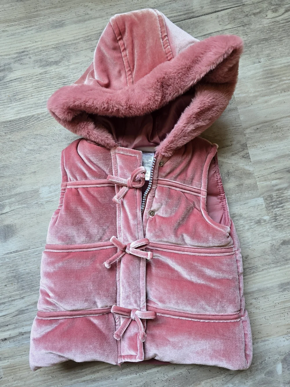 Girls' Plush Hooded Pink Puffer Vest with Tie Closures